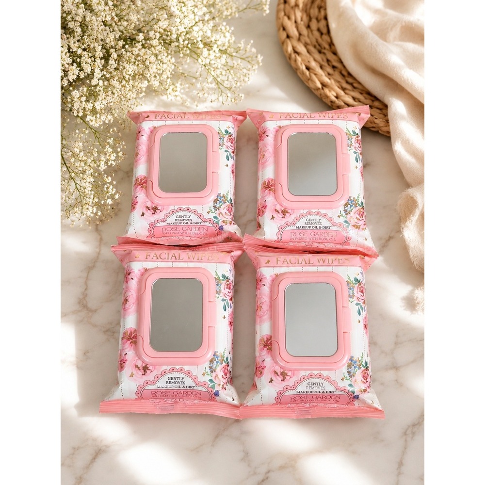 4 PK Amber Glow Rose Garden Facial Wipes with Mirror 100 Wipes Rose Oil Infused